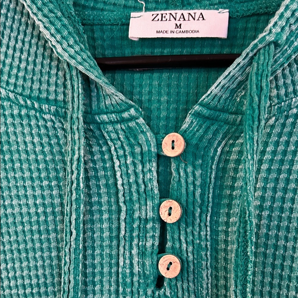 Zenana Outfitters Teal Short Sleeve Waffle Knit Henley Hoodie - Picture 4 of 6